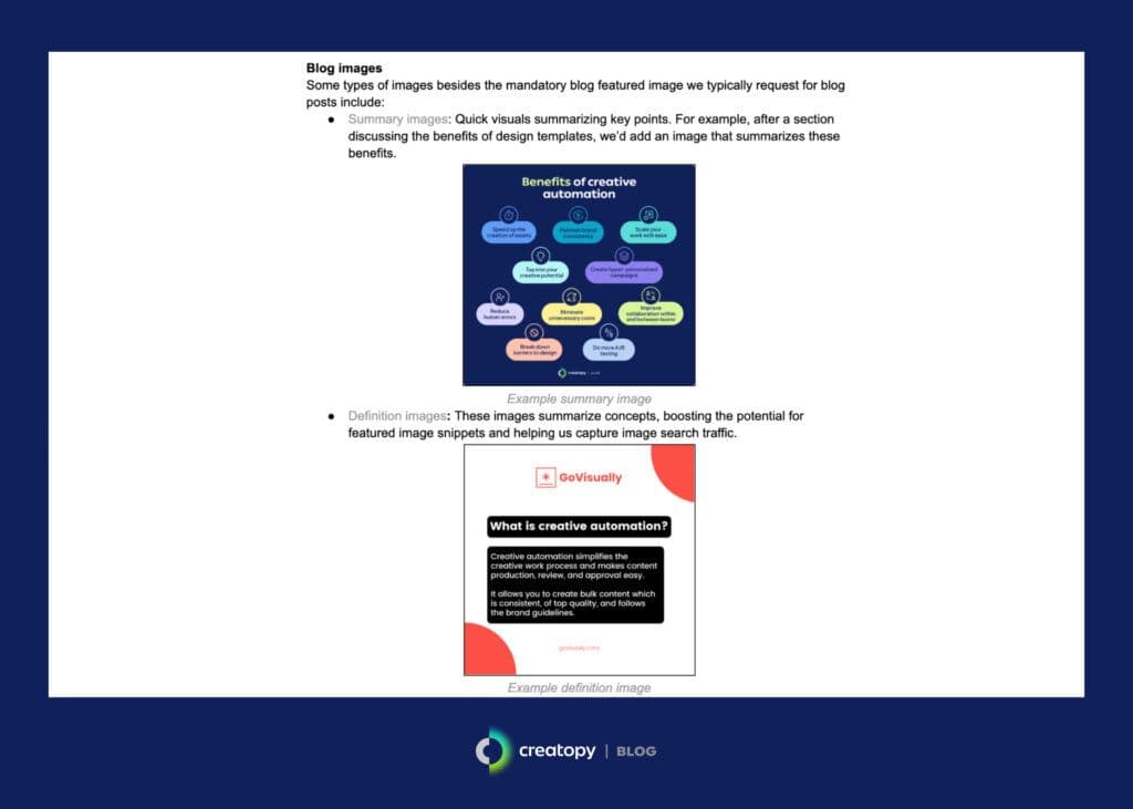 Example of a guide for blog templates to share with designers