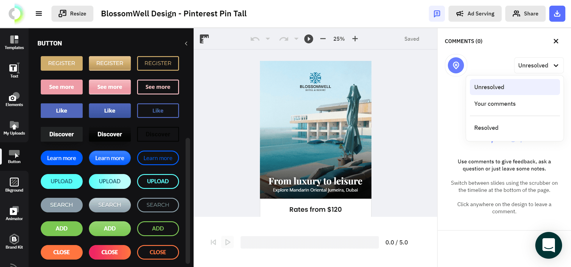 A screenshot from The Brief showing the comments section that can be found on the right side of a design.
