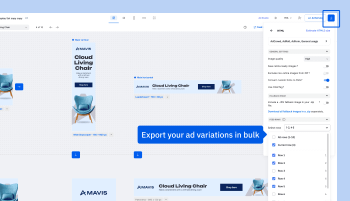 Select the format of your export, and choose which row you wish to export