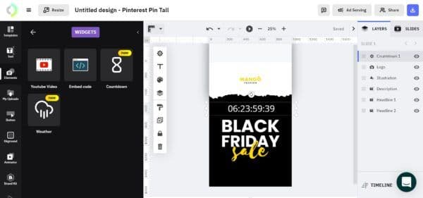 An example image showing how to add a countdown widget on a design in The Brief.