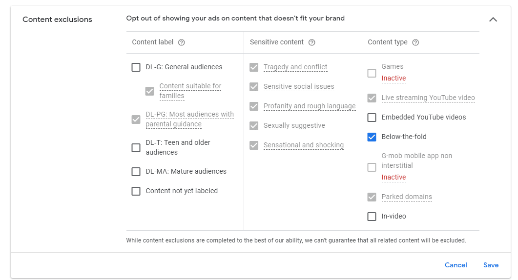 how to exclude content for the Google Display Network