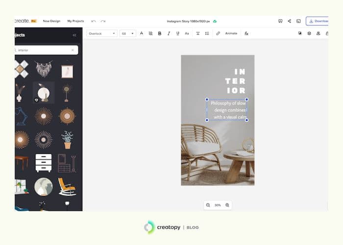Screenshot of VistaCreate’s design template tool showcasing its editing interface