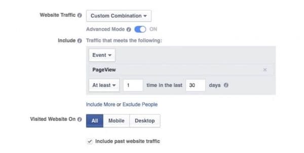 Facebook audience custom combination screen