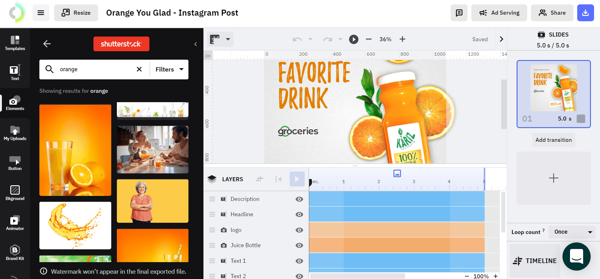 A screenshot from The Brief showing the Shutterstock library integrated in the platform.