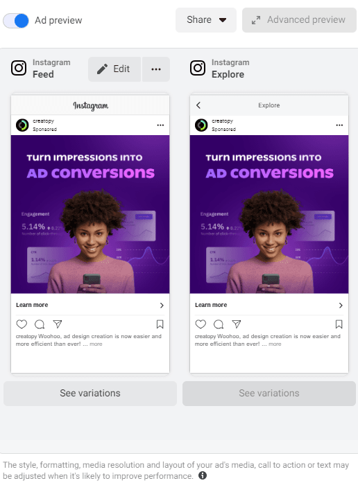 Instagram ads preview