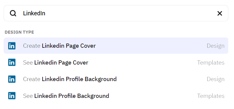 The search bar in The Brief showcasing the options to choose a LinkedIn cover image template or create one from scratch.