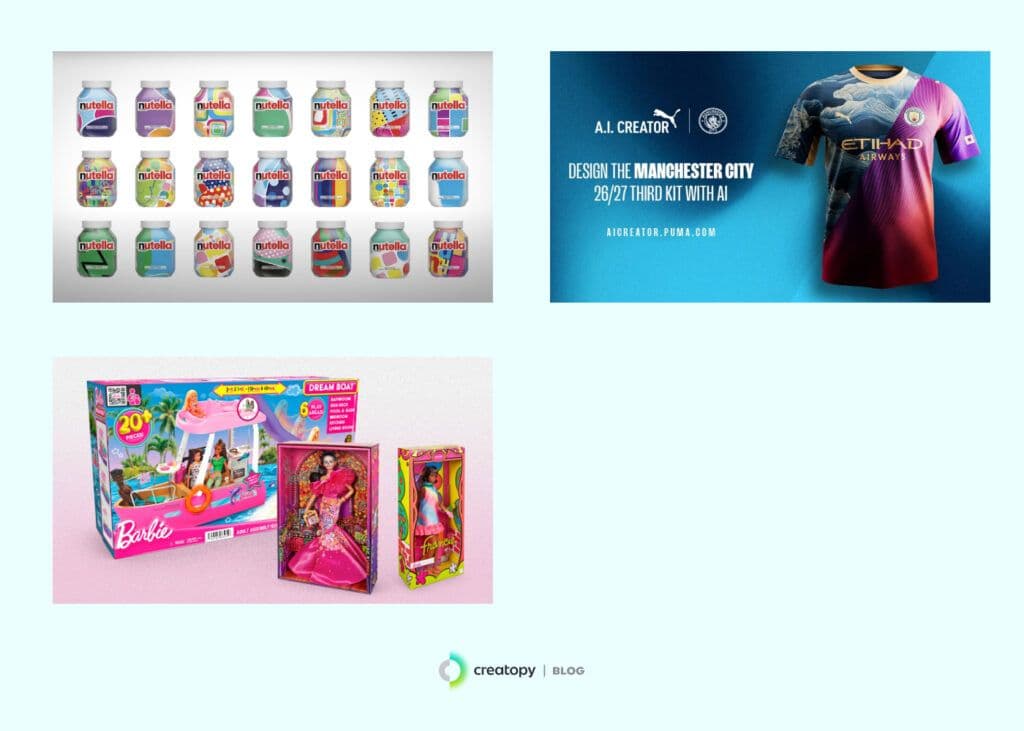 an image showing three real-life examples of AI in graphic design from nutella, manchester city, and barbie